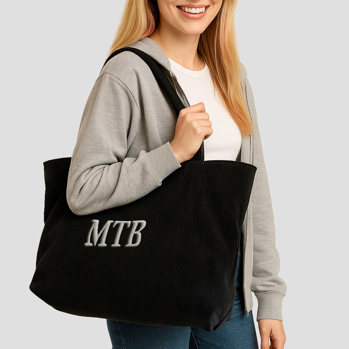 Grand Tote Bag Velours Côtelé Noir