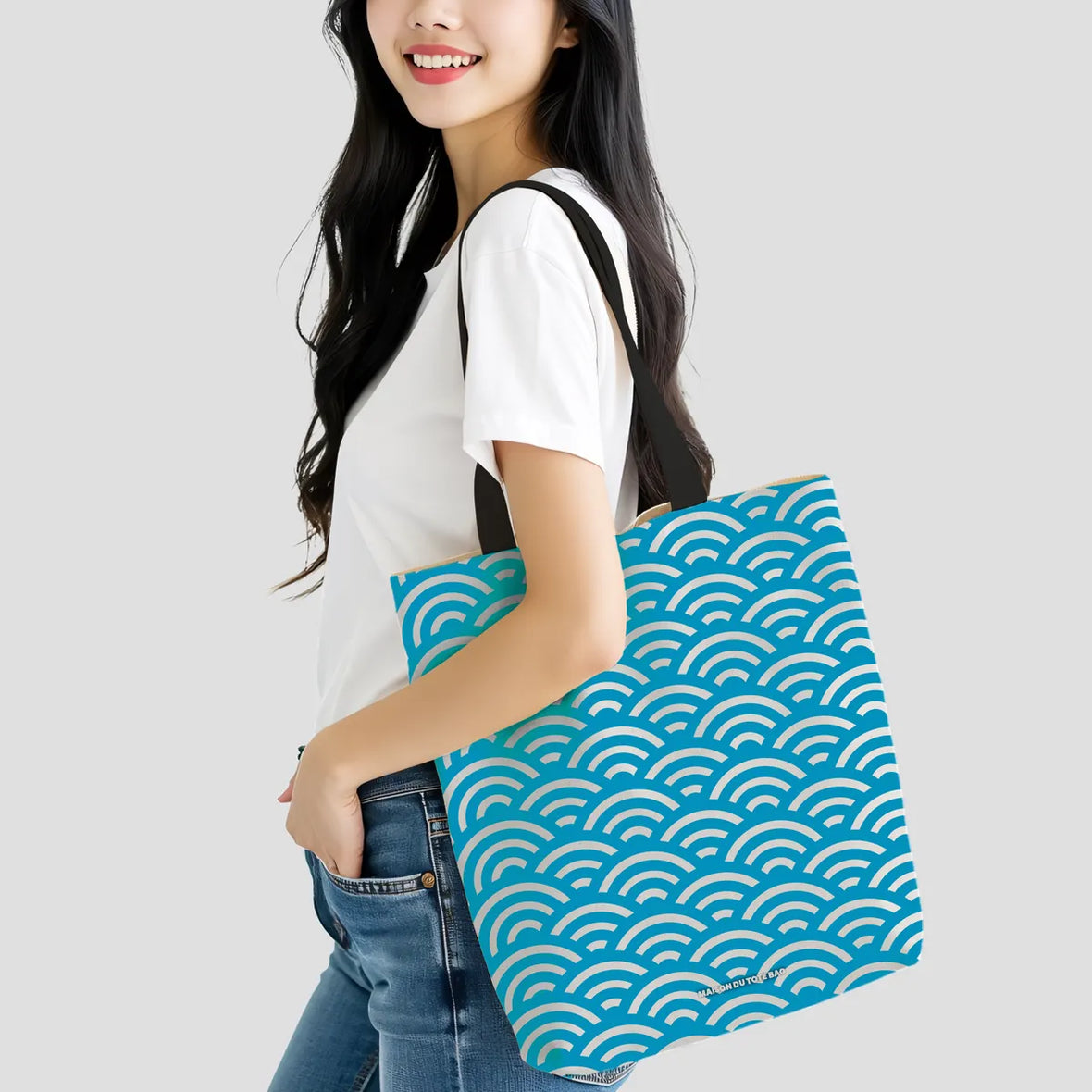 Tote Bag Japonais motif vague Bleu