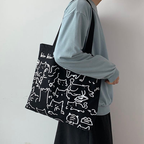 Tote Bag Stylé Imprimé Chats - Noir | Maison du Tote Bag